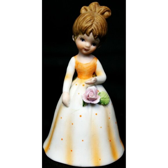 VTG Lefton China Bell Hand Painted Girl in Orange Dress #02045 - Picture 1 of 12